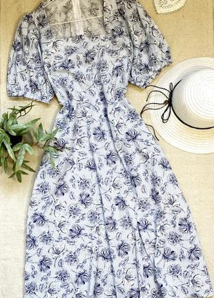 Хлопковое натуральное платье миди spring fashion в цветочный принт 38 размер с пышными рукавами