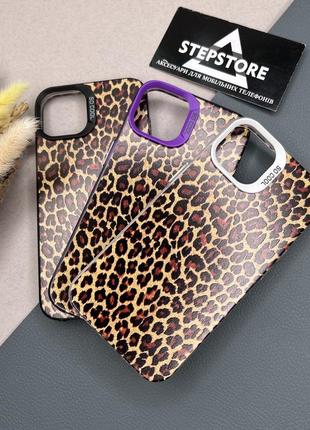 Чехол для iphone 14 с леопардовым принтом матовый кнопки под металл противоударный силиконовый