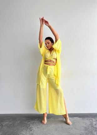 Костюм тройка пляжный  на выход восточный жёлтый белый синий брюки штаны палаццо с разрезами кроп-топ лиф бюстье туника кимоно блуза прозрачный