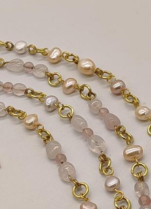 Комплект з 4 браслетів і сережок з рожевого кварцу, річкових кольорових перлин "на щастя". комплект з натурального каміння3 фото