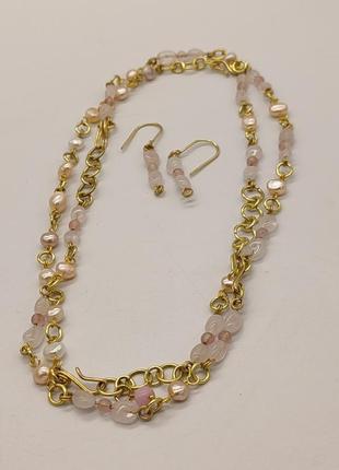 Комплект з 4 браслетів і сережок з рожевого кварцу, річкових кольорових перлин "на щастя". комплект з натурального каміння4 фото
