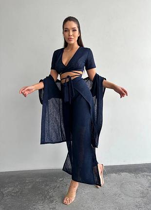 Костюм тройка пляжный на выход восточный жёлтый белый синий брюки штаны палаццо с разрезами кроп-топ лиф бюстье туника кимоно блуза  прозрачный