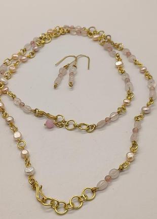 Комплект з 4 браслетів і сережок з рожевого кварцу, річкових кольорових перлин "на щастя". комплект з натурального каміння5 фото