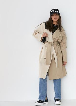 Женский тренч с лацканами под пояс - кофейный цвет, m (есть размеры)