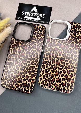 Чехол для iphone 15 pro max с леопардовым принтом матовый кнопки под металл противоударный силиконовый