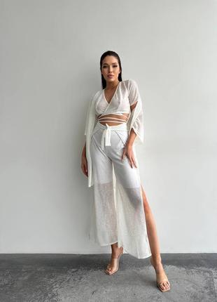 Костюм тройка пляжный восточный жёлтый белый синий брюки штаны палаццо с разрезами кроп-топ лиф бюстье туника кимоно блуза накидка парео прозрачный