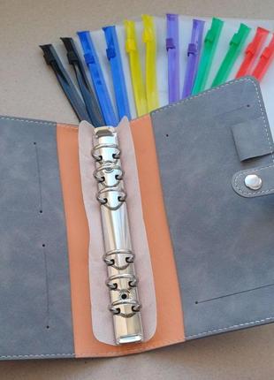 Блокнот органайзер для купюр із кольоровими прозорими конвертами файлами сірий а6...