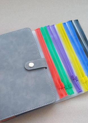 Блокнот органайзер для купюр із кольоровими прозорими конвертами файлами сірий а6...