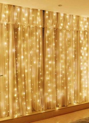 Гірлянда штора водоспад 3х2.6 м 360 led (прозорий шнур, з перехідником) золотаве світло
