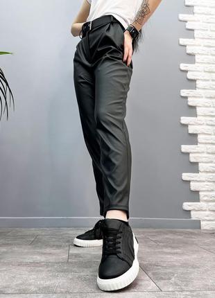 Женские прямые брюки с экокожи галифе высокая посадка9 фото