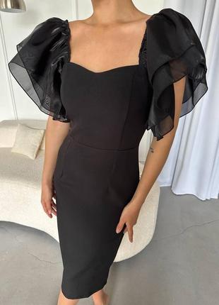 Женское платье стильное легкое миди с пышными рукавами воланами черное7 фото