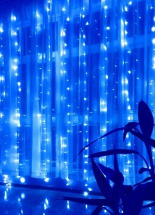 Гирлянда штора водопад 3х2 м 280 led (прозрачный шнур, с переходником) синий свет