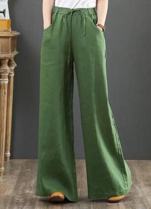 Штани жіночі лляні  однотонні вільного крою на високій посадці з кишенями якісні стильні чорні зелені2 фото
