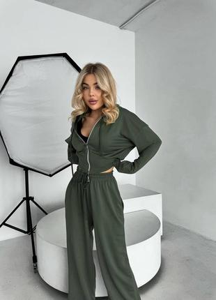 Зеленый хаки женский оппонентный костюм широкие брюки палаццо укороченная кофта женский прогулочный повседневный костюм