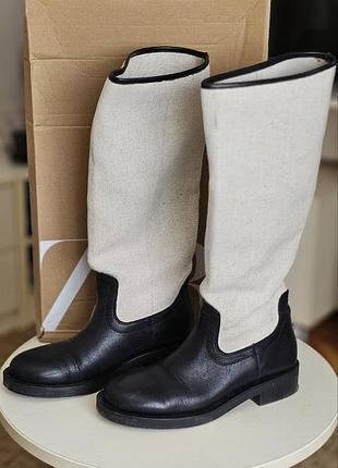Чоботи zara чорно білі, текстильно шкіряні