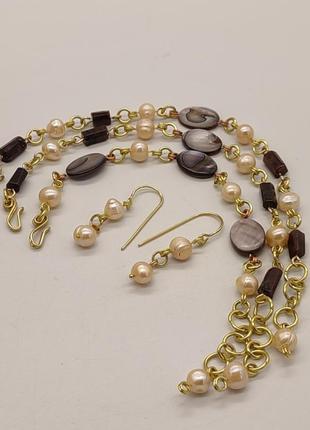 Комплект из 3 браслетов и серег из турмалина, перламутра, речных жемчугов "день матери". комплект из натурального камня
