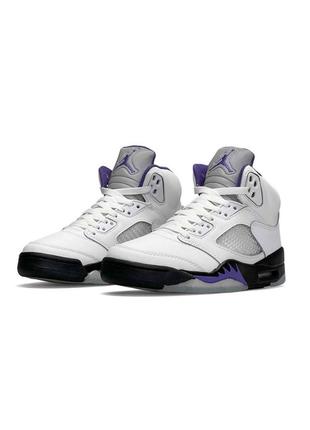 🌸жіночі кросівки кросівки tiempo nike air jordan 5 retro white black purple / демісезонні / весняні, літні, осінні / текстиль, шкіра, замша /