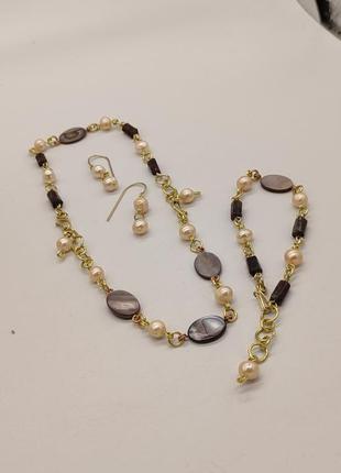 Комплект из 3 браслетов и серег из турмалина, перламутра, речных жемчугов "день матери". комплект из натурального камня5 фото