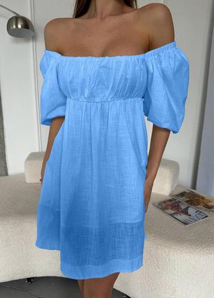 Платье короткое объемное рукава широкий бант на спине резинка на декольте ткань лен2 фото