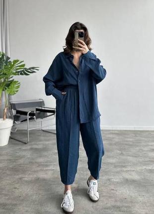 Легкий льняной костюм из льна oversize рубашка и брюки высокая посадка на резинке