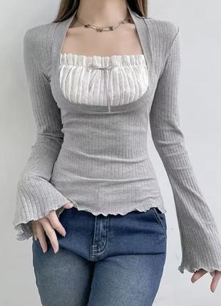 Топ серый рубчик с белым кружевом в стиле coquette
