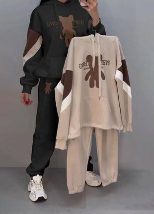 Костюм жіночий теплий флісовий спортивний худі кофта із капюшоном та принт ведмедик та...