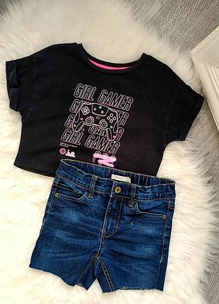 116-122 костюм топ майка футболка джинсовые шорты летняя девочка черная синие