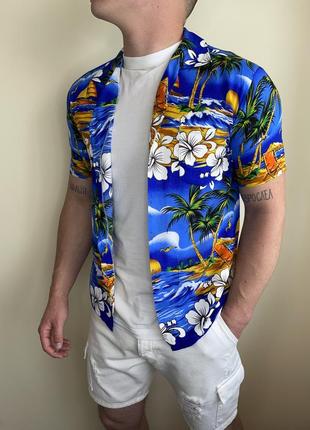 Синяя раскрашенная гавайка с принтом, цветочный принт, летняя, пляжная, тенниска, гавайская рубашка