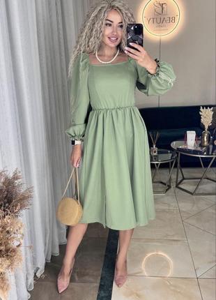 Сукня міді жіноча з вишивкою колосок приталена а силуету з квадратним декольте з...