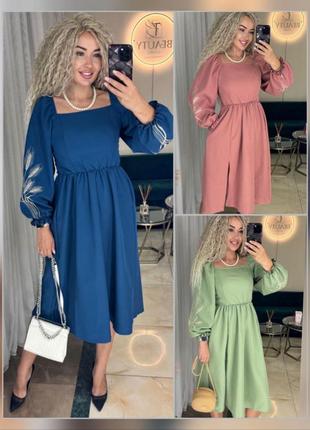 Сукня міді жіноча з вишивкою колосок приталена а силуету з квадратним декольте з...