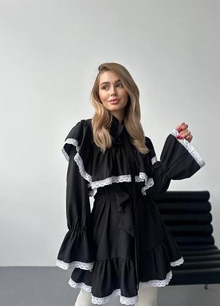 Черное платье мини сложного кроя из штапеля с кружевом, короткое платье с пояском и кружком, штапельное платье, 0464 фото