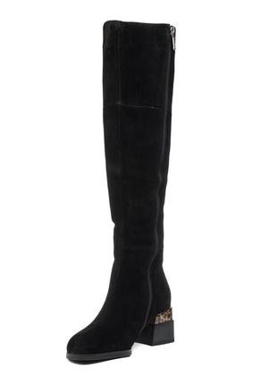 Чоботи жіночі замшеві чорні стильні на зручному каблуку елегантні молодіжні святкові 1843ц