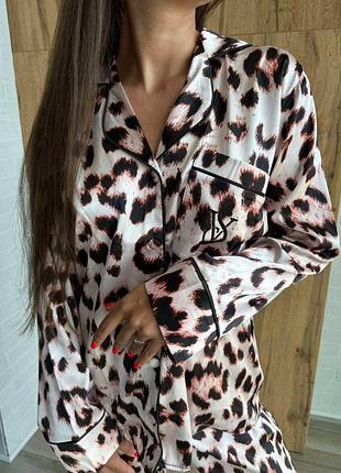 Шовкова піжама в стилі vs victoria's secret  лео сатин леопардова сорочка штани