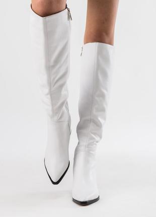 Ботфорты высокие зимние с натуральным теплым мехом еврозима на устойчивом каблуке белые 1486ц-а