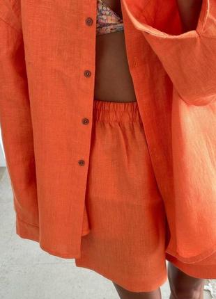 Костюм женский стильный оверсайз рубашка на пуговицах шорты на высокой посадке с карманами качественный, стильный голубой оранжевый5 фото