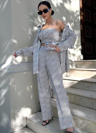 Стильний костюм трiйка: топ+ брюки + сорочка oversize