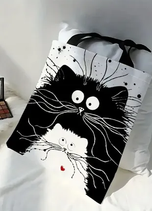 Эко сумка шоппер тканая белого цвета для покупок, котик, кот