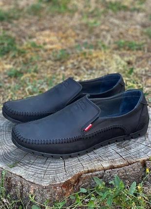 Чоловічі туфлі мокасини у стилі levis чорні  натуральна шкіра, мужские кожаные туфли космические чёрные