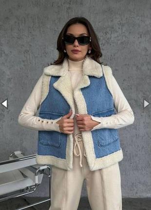 Жилетки zara меховые джинсовые6 фото