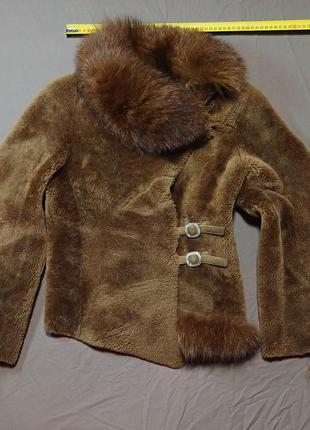 Плечи 80 см vintage кожушек шубка короткая из цигейки + рукава воротник натуральный мех песец size s