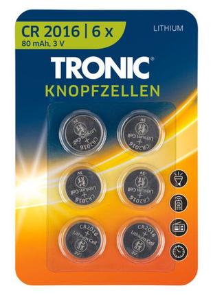 Батарейки tronic cr 2016 lithium, 3v, 6 шт, батарейка таблетка cr 2016