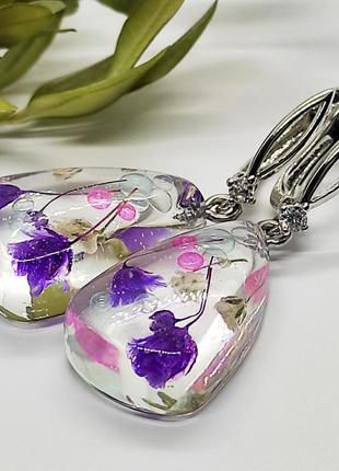 Сережки з квітами гіпсофіли, сережки для дівчини в подарунок, прикраси з епоксидної смоли, біжутерія3 фото