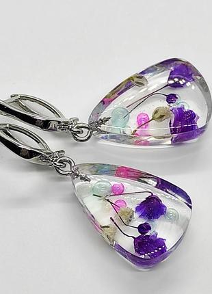 Сережки з квітами гіпсофіли, сережки для дівчини в подарунок, прикраси з епоксидної смоли, біжутерія4 фото