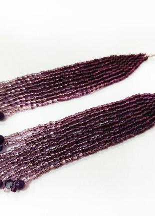 Лілові фіолетові довгі сережки ручна робота бісер кристали3 фото