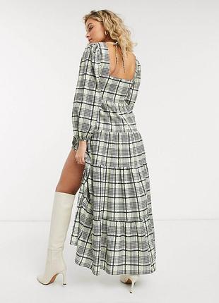 Ярусное макси-платье topshop в клетку с салатовыми полосками и пышными рукавчиками