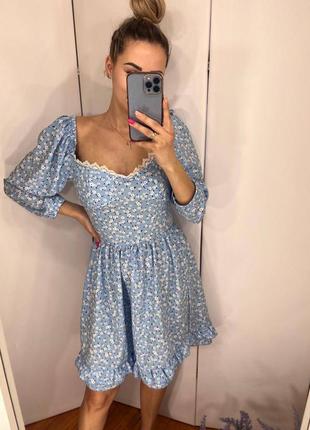 Легкое голубое платье софт цветочный принт