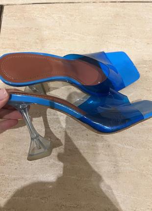 Квадратные мюли синие прозрачные силиконовые на каблуке2 фото