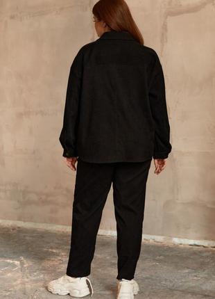 Вельветовый костюм рубашка и зауженные брюки черный большой размер7 фото