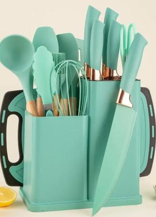 Кухонные принадлежности на подставке 19 штук аксессуары из силикона с бамбуковой ручкой бирюзовый sa