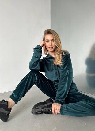 Зеленый изумрудный женский велюровый костюм штаны кофта на молнии женский прогулочный повседневный костюм что велюра4 фото
